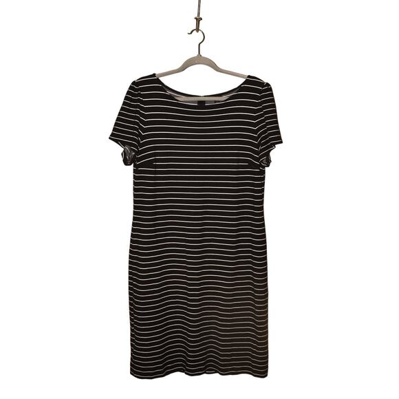 ANN TAYLOR $128 Stripe Puff Sleeve Ponte Knit Sheath Dress Black White Size 12‎ - Picture 1 of 3